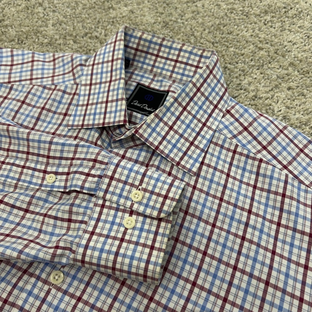 David Donahue Dress Shirt 15.5 34/35 Blue Burgundy Plaid Cotton Long‎ Sleeve